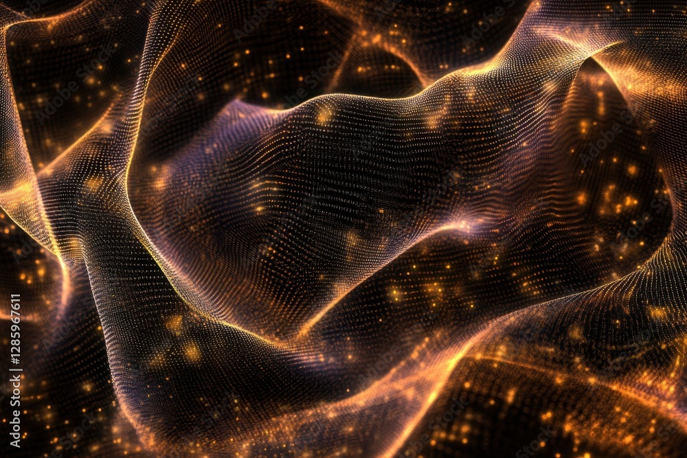 Poster waves of golden light dance through a cosmic tapestry of shimmering particles and flowing textures i