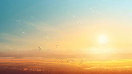Serene sunset over a vast landscape featuring wind turbines and a tranquil sky