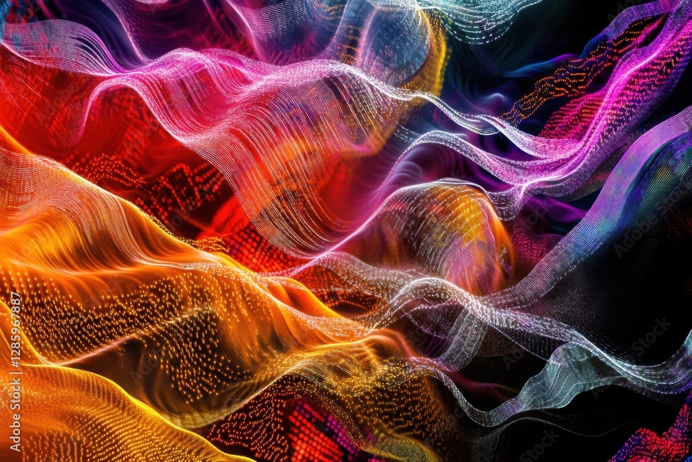Poster vibrant abstract waves of color dance across a dark canvas evoking a sense of movement and fluidity 