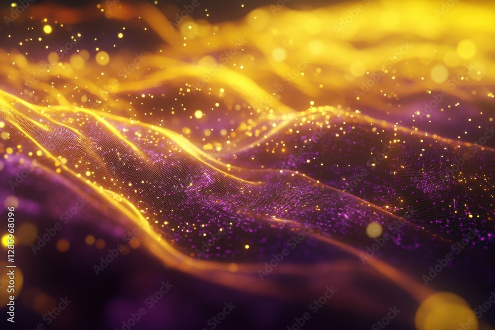Poster waves of light dance in hues of purple and gold, creating a mesmerizing and enchanting atmosphere of