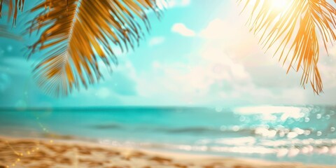 Fototapeta premium Serene calmness dream escape sparkle surf peace sand and palm leaf wave water seashell seascape day sunshine.