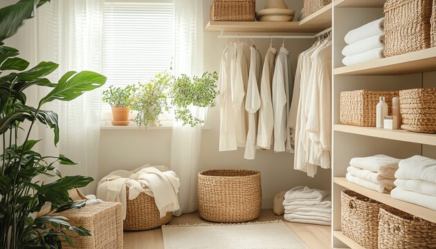 Wellorganized closet with cream and beige clothes, various storage solutions like baskets and bins, house plants for a touch of nature, and natural light streaming in
