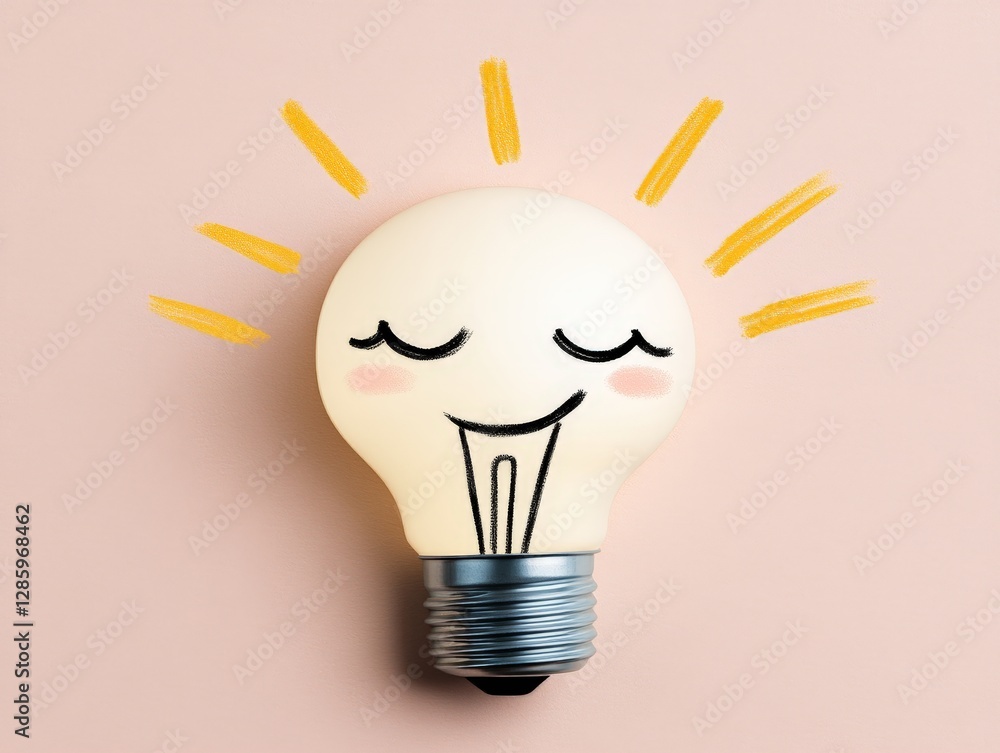 Poster smiling light bulb with glowing rays in playful modern vector illustration symbolizing bright ideas 