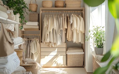 Chic and organized closet with beige and cream clothes, neatly stored accessories in baskets and bins, house plants for a refreshing atmosphere, and sunlight pouring in