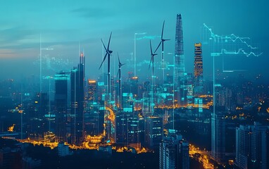 Fototapeta premium City skyline featuring digital wind turbines and solar panels
