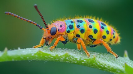 Naklejka premium Colorful insect moving on a vibrant green stem, macro photo focusing on the details of the larva, with a blurred garden background enhancing the nature scene