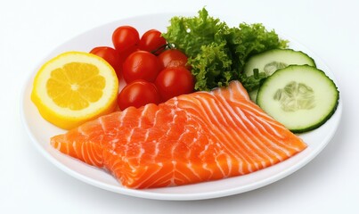 Fresh salmon fillet with lemon, tomatoes, lettuce, and cucumber on a plate