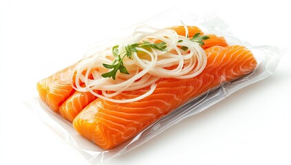 Fresh salmon fillets in plastic wrap with sliced onion and parsley on white background