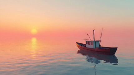 Fototapeta premium A peaceful fishing boat floating on a calm sea at sunrise, embracing the stillness of dawn - 