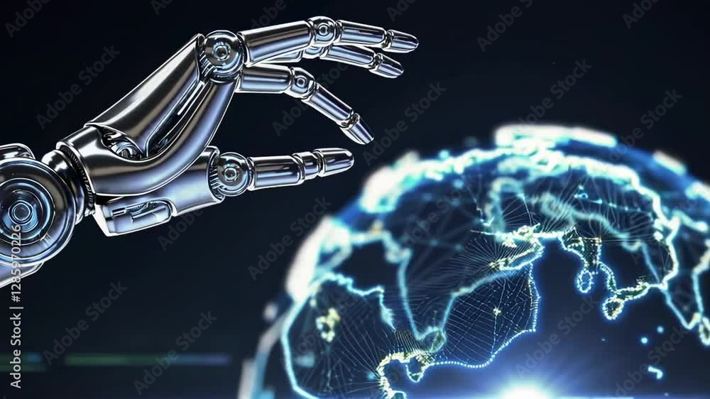 Poster Metallic robotic arm gently interacting with a holographic projection of planet earth, showcasing advanced technology and global connectivity in a seamless slow motion sequence