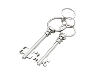 Two Silver Skeleton Keys on Key Rings with Transparent Background