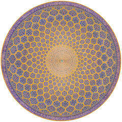 A detailed view of the intricate, cut-out ceiling of Sheikh Lotfollah Mosque in Isfahan, showcasing Persian tilework and geometric patterns. 