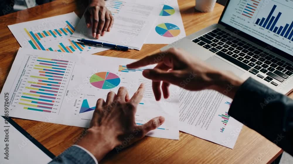 Aufkleber Professional business team analyzing financial performance, collaborating over charts and graphs while highlighting key data points during strategic meeting