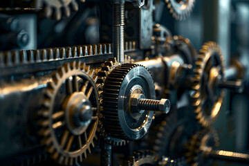 Close-up of interlocking metal gears in a vintage machinery setting, showcasing intricate details