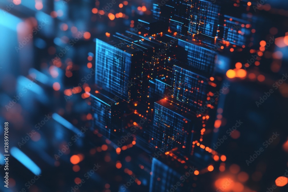 Poster exploring the depths of digital landscapes with glowing circuitry and intricate data structures at t