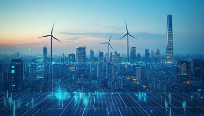 Modern city skyline featuring digital wind turbines and solar panels