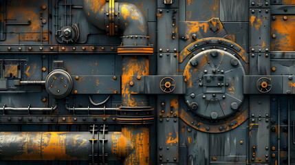 Industrial metal wall with rusty pipes, bolts, and mechanical details in a factory setting