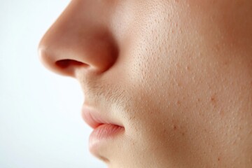 A person's nose in close-up on a white background, ideal for beauty or medical uses