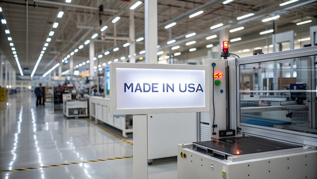 High-Tech Manufacturing Plant with "Made in USA" Sign. Perfect for: Manufacturing Expos, Business Conferences, Economic Development Summits