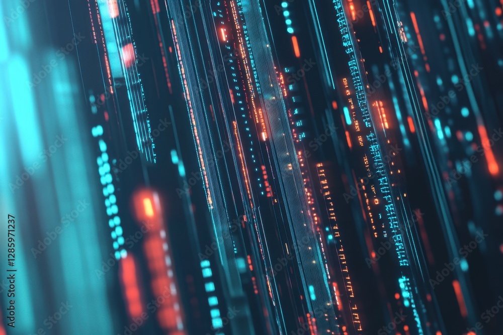 Poster exploring the vibrant depths of a digital universe filled with flowing data streams and electric col