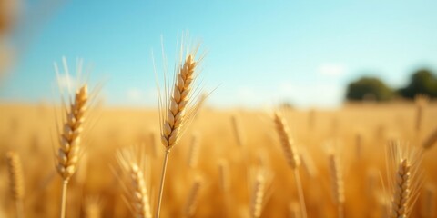 Fototapeta premium Golden Wheat Field Under a Clear Summer Sky A Single Ear of Grain in Sharp Focus Against a Softly Blurred Background of Ripe Wheat Stalks
