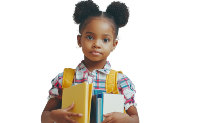 Young girl holding books with a serious expression while wearing a plaid shirt and backpack