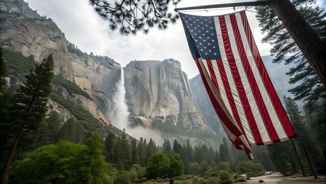 Massive American Flag Beside Yosemite Falls Symbolizing National Pride. Perfect for: Independence Day, National Parks Events, Tourism Promotions