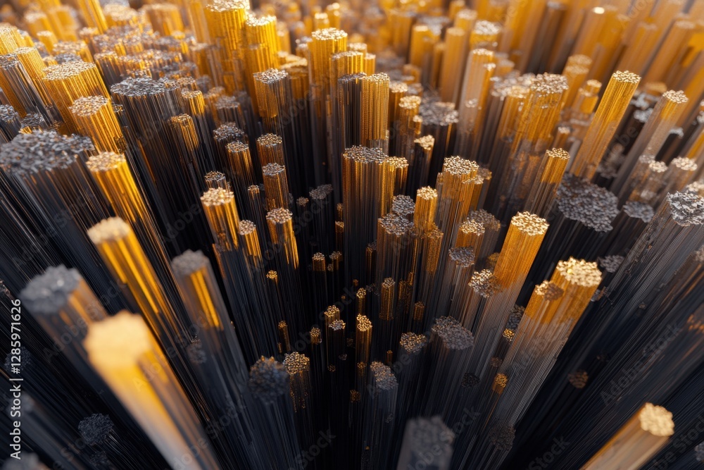 Aufkleber vibrant golden and black structures emerge from a digital landscape, creating an abstract forest at 