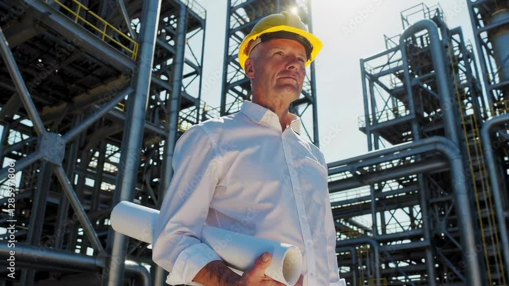Poster Professional engineer wearing hardhat standing confidently with blueprints in front of large refinery, showcasing industrial expertise during daytime with sunlight illuminating metal infrastructure