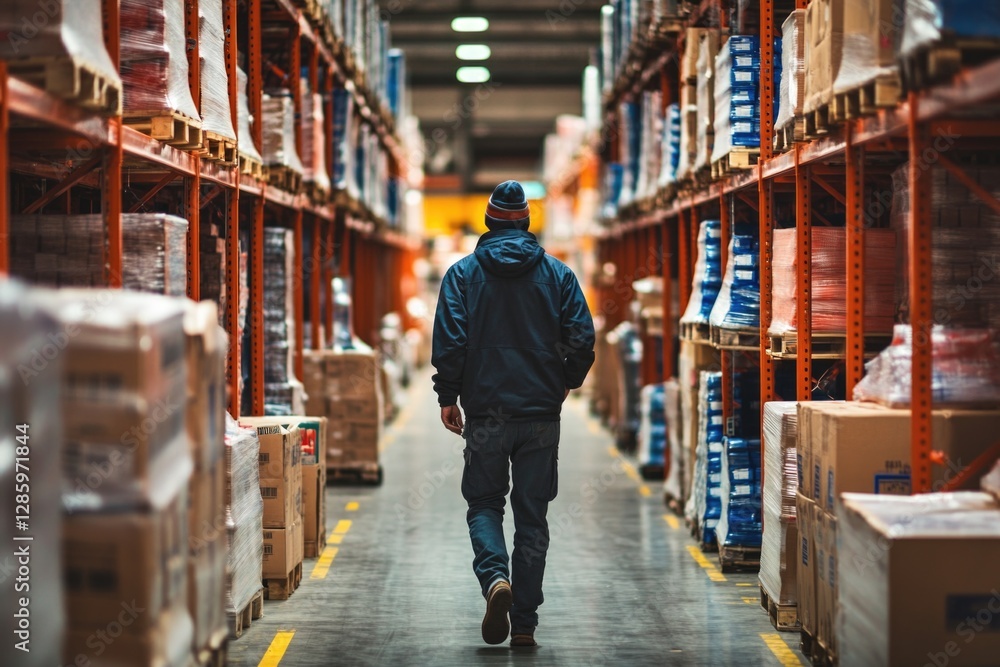 Poster a person navigating through a storage area filled with containers