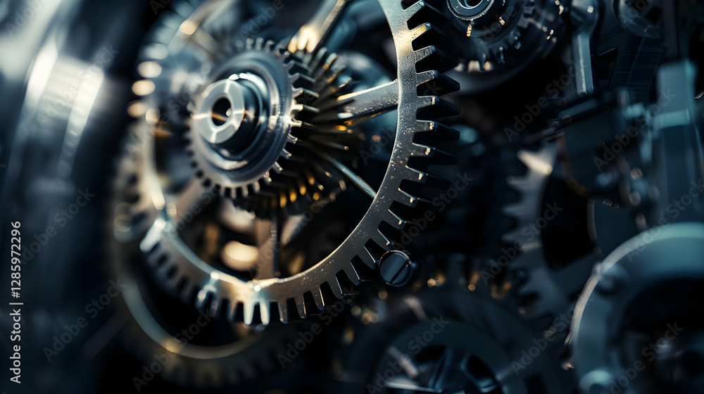 Poster close-up of intricate metallic gears showcasing precision engineering in a mechanical setting