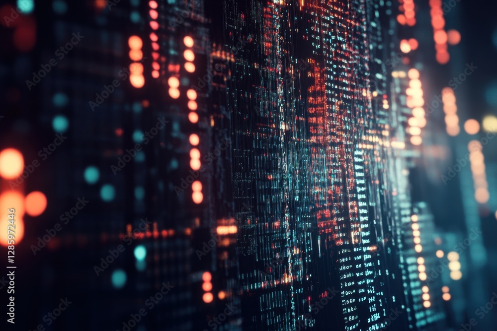 Poster digital art displaying a vibrant data stream with glowing lights against a dark background. generati