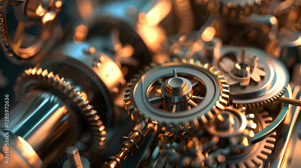 Poster intricate close-up of metallic gears and cogs interlocking in a beautifully lit mechanical assembly