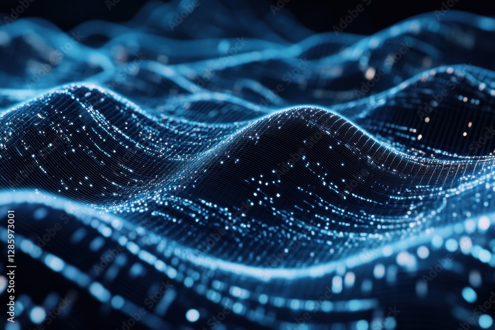 Poster visual dance of luminous waves creating a mesmerizing flow of digital energy in a dark space. genera
