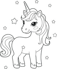 Black and white printable Unicorn coloring pages for kids. Children's coloring books with cute unicorn cartoon characters, fun and educational materials for kindergarten.
