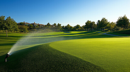 golf course with meticulously planned sprinkler system waters lush green fairway under clear blue sky, surrounded by trees and distant clubhouse
