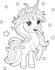 Black and white printable Unicorn coloring pages for kids. Children's coloring books with cute unicorn cartoon characters, fun and educational materials for kindergarten.
