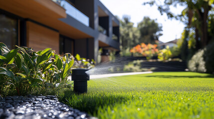 modern residential garden features state of art sprinkler system watering lush green grass and plants, with contemporary house in background