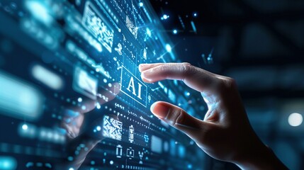 Hand Touching AI Icon on Screen with Digital Data and Holographic Documents Floating, Representing Futuristic Artificial Intelligence Technology and Information Sharing
