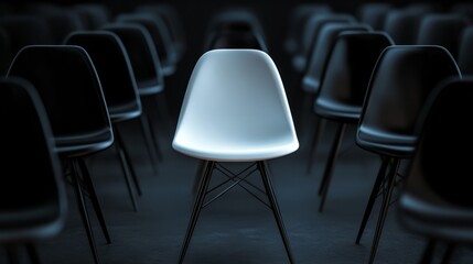 White chair highlighted in a group of black chairs, moody dark background, 3D render, business innovation 