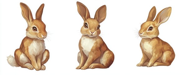 Fototapeta premium Illustration of three adorable rabbits in various seated poses on a white background.