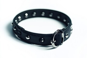 A close-up shot of a black leather collar with decorative rivets on a white background, perfect for use in fashion, jewelry, or accessories contexts