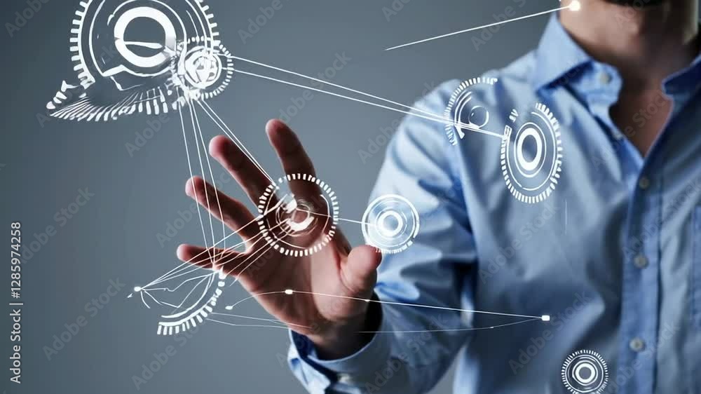 Poster Engineer interacts with a futuristic digital interface, manipulating abstract cogwheels and circular diagrams, showcasing advanced technology in a seamless and intuitive manner