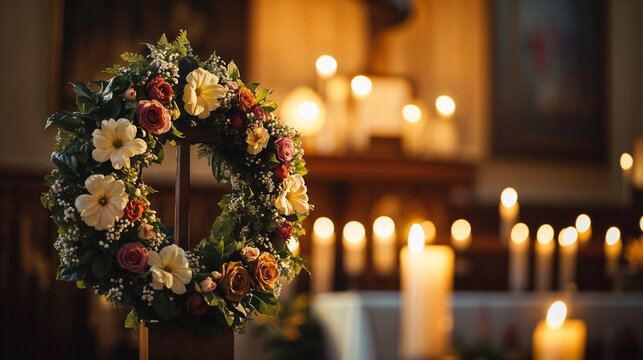Floral funeral wreath with candles in a church memorial service