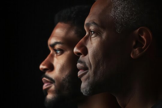 powerful generational portrait showing three african american men in profile highlighting family legacy through dramatic lighting and emotional depth
