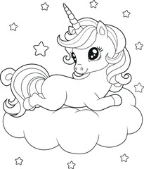Black and white printable Unicorn coloring pages for kids. Children's coloring books with cute unicorn cartoon characters, fun and educational materials for kindergarten.
