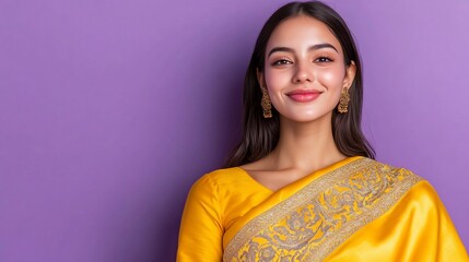 Smiling woman in yellow sari, purple background