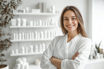 Confident woman in white coat at a skincare boutique