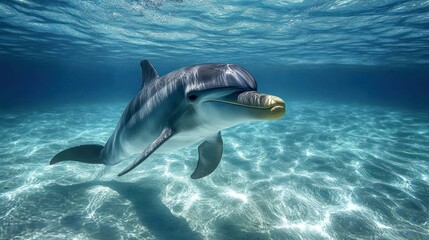 Fototapeta premium Underwater dolphin swimming, clear ocean water, sunlit sandy bottom