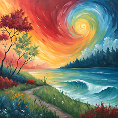 a vibrant abstract color painting with swirling